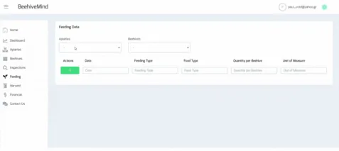 BeehiveMind feeding records: date, feeding type, food type and quantity per beehive