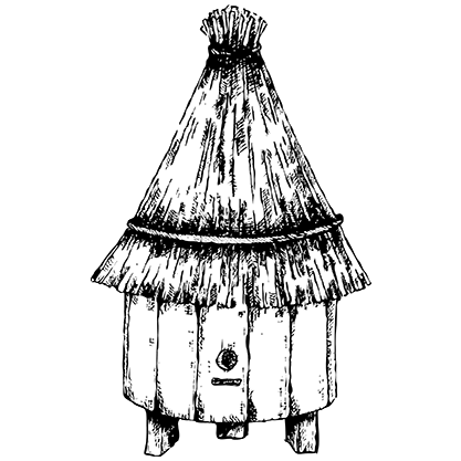 Ink illustration of a straw-roofed beehive